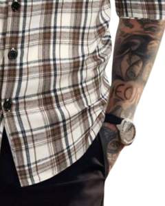 Camisa a cuadros beige y marrón para hombre, con cuello de banda, de algodón y poliéster, manga larga, con botones, para venta al por mayor, OEM, exportación. - Product Image 6