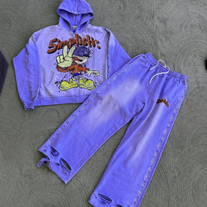 Ensemble de survêtement bleu foncé simpliste avec imprimé de personnage, sweat à capuche et pantalon, fermeture éclair, manches longues, streetwear, coupe ample, pour adultes, automne - Product Image 4