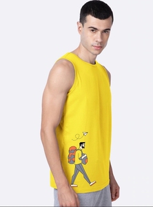 Camiseta sin Mangas Amarilla para Hombre, Cuello Redondo, Estampado de Dibujos Animados, Informal, Tejida, Transpirable, de Algodón - Product Image 2
