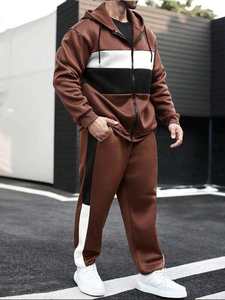 Mens Brown <b>White</b> and Black Colorblock Full-Zip Hooded <b>Tracksuit</b> with Matching Pants OEM ODM Wholesale Apparel - Product Image 3