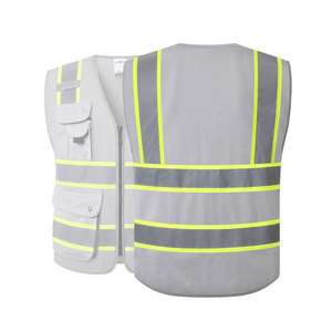 Chaleco de seguridad reflectante gris para hombre con bolsillos, cierre de cremallera, cuello en V, ropa de trabajo de alta visibilidad, ropa exterior informal - Product Image 2