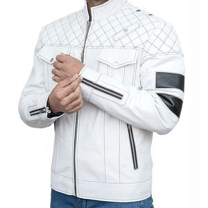 Blouson moto en cuir PU blanc pour homme, col montant, fermeture éclair, motif géométrique, coupe classique, style automne - Product Image 1
