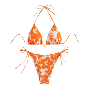 Ensemble bikini imprimé taille haute pour femme, avec logo frontal et liens latéraux, 2 pièces, orange, extensible, en spandex et polyester - Product Image 1