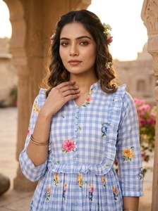 Indian Casual and Summer Wear Floral Print Muslin Silk With Gingham Print <b>Kurtis</b> Collections for Women and Plus Size Available - Product Image 2