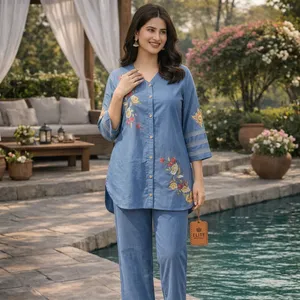 Women's Blue Embroidered Cotton Set <b>Three</b> <b>Quarter</b> Sleeve Loose Fit Full Length <b>Pants</b> Outfit Spring Summer Casual Wear - Product Image 3