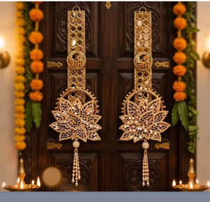 Traditional Indian Gold <b>Mirror</b> Work Shubh Wall Hanging Lotus Decorative Toran For Diwali Wedding Festive Home Room Decor - Product Image 3