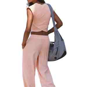 Conjunto de 2 Piezas para Mujer, Diseño Moderno, Algodón con Spandex, Top Corto sin Mangas, Pantalones Holgados Tipo Harem, Tejido de Punto, Color Sólido, Ropa Casual de Verano - Product Image 2