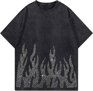 Men's Regular Fit Black T-<b>Shirt</b> with Rhinestone <b>Flame</b> Pattern Short Sleeve O-Neck Vintage Front Heavy Metal Jersey Cotton Top - Product Image 2