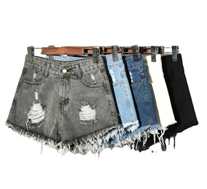 Shorts de mezclilla de mujer de alta calidad, a la moda, de verano, talla grande, de pierna ancha, blancos, azules, negros, grises, con agujeros rotos y alta elasticidad. - Product Image 1