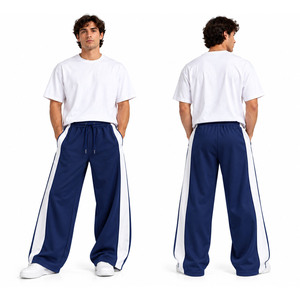 Custom Logo <b>Men</b> <b>Navy</b> Wide Leg Track Pants Contrast Side Stripe Panel Loose Fit Drawstring <b>Joggers</b> Streetwear Sweatpants Trousers - Product Image 1