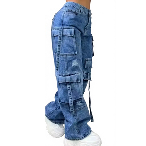 Pantalones Cargo de Cintura Alta para Hombre, Color Azul Claro, con Múltiples Bolsillos, Estilo Workwear, Lavado a la Piedra, para Verano - Product Image 2