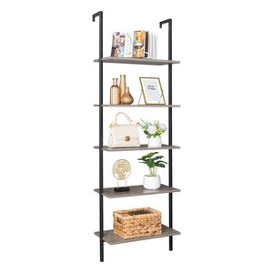 5-<b>Shelf</b> Modern Industrial Bookcase with Gray <b>Metal</b> Frame 5-Tier Ladder Wood <b>Shelves</b> YJ Modern Design - Product Image 6
