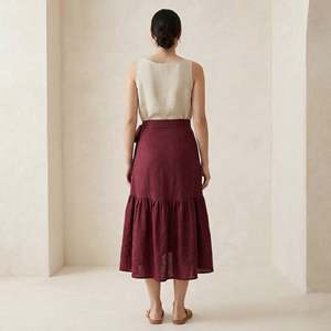 Women Maroon Cotton Ruffle Midi Wrap <b>Skirt</b> For Women Featuring Lightweight Fabric Modern Style Comfortable Fit For Everyday - Product Image 2