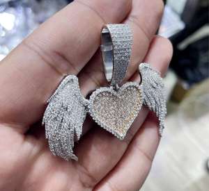 Colgante de Plata de Ley 925 con Engaste de Bisel de Moissanita en Forma de Corazón con Alas de Ángel, Corte Brillante, Chapado en Plata, Joyas HUMERA, Estilo Hip Hop - Product Image 2