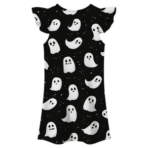 Robe trapèze pour filles, motif fantôme violet, manches volantées, en mousseline, mini, grande taille, lavable, motif rayé mignon, col en V, tenue d'été - Product Image 4