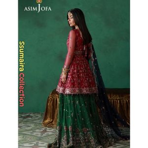 Ensemble Lehenga Asim Jofa SSUMAIRA, chemise style peplum aux couleurs vives et tonées comme des bijoux, en tulle brodé, tenue de soirée formelle 3 pièces, pour mariage, couleur royale - Product Image 4