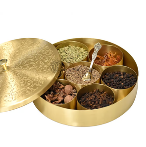 Excellent Design Brass Spice <b>Box</b> Best Price With Lid And Compartments Hammered Design Brass spice <b>Box</b> - Product Image 3