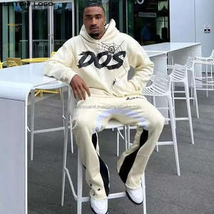 Chándales con capucha y borde de dobladillo crudo con estampado de algodón OEM personalizados, pantalones para hombre, chándal apilado acampanado para hombre, conjunto de Jogger de dos piezas - Product Image 3