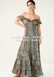 Robe longue à épaules dénudées pour femmes, imprimé floral, style bohème, dos smocké, fluide, pour la plage, été, assortiment varié - Product Image 2