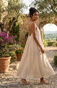 Linen Maxi <b>Dress</b> Spaghetti Strap <b>Loose</b> Fit Natural Waist Flared Hem Sleeveless Solid Color Breathable Summer Casual <b>Dress</b> - Product Image 3