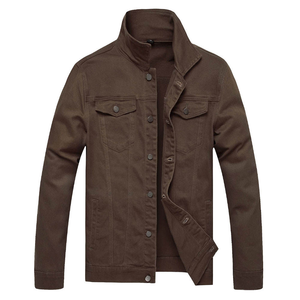 <b>Men's</b> Brown Canvas Shirt <b>Jacket</b> Stand Collar Casual Autumn Button Closure <b>Long</b> Sleeve Solid Color Slim Fit - Product Image 1