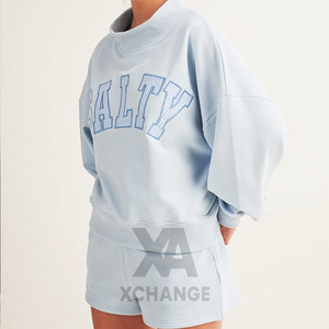 Women's Oversized <b>Light</b> Blue Crew mock neck Sweatshirt With Embroidered Salty <b>Letter</b> Design Drop-Shoulder Full Sleeve Knitted - Product Image 4