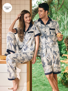 Men's/Womens Couple's Vintage Solid 100% Cotton Knitted Short-Sleeve Cardigan Pajama Set Unisex Home Wear 2pcs Set Couple Style - Product Image 2