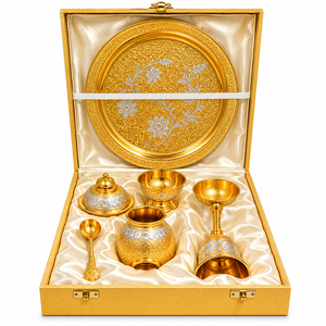 Ensemble de thali de pooja artisanal moderne et personnalisable en argent allemand plaqué or de qualité supérieure, cadeau rituel hindou pour - Product Image 1
