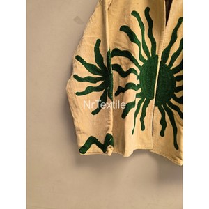 Hand Embroidered <b>Mandarin</b> <b>Collar</b> <b>Jacket</b> Full Sleeve Geometric Pattern Autumn Women's Coat Cream Green Sun Design - Product Image 4