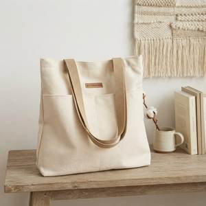 Bolso Tote de Lona Beige con Bolsillo Frontal, Bolso de Hombro Minimalista - Product Image 1