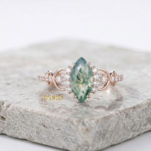 Anillo de compromiso de oro de 14 quilates con ágata marquesa y halo de infinidad retorcido, anillo nupcial - Product Image 1