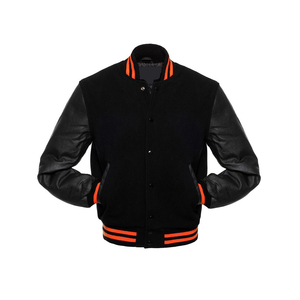 Chaqueta Varsity Negra para Hombre, Modelo 2026, Más Vendida, Cuerpo de Lana, Mangas de Cuero, Cuello Alto, Cierre de Botones, Abrigo de Invierno, ODM OEM - Product Image 1