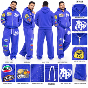 Ensemble survêtement personnalisé avec sweat à capuche zippé et pantalon de jogging orné de strass, patch brodé, coupe oversize unisexe, marque privée, vente en gros - Product Image 6