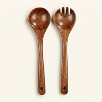 Juego de Servidor de Ensalada de Madera de Acacia, Cuchara y Tenedor de Servir de Mango Largo para Cocina, Restaurante y Uso Doméstico, Logotipo Personalizado Disponible