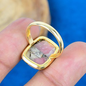 Natural Pink Opal Copper Cushion Shape Gemstone <b>Ring</b> 18k Gild Micron Over <b>925</b> Sterling <b>Silver</b> - Product Image 4
