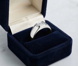 Natural Emerald Cut Diamond D VVS1 18K White Gold Bezel Signet <b>Ring</b> <b>Men</b> Women Luxury Fine Jewelry - Product Image 3