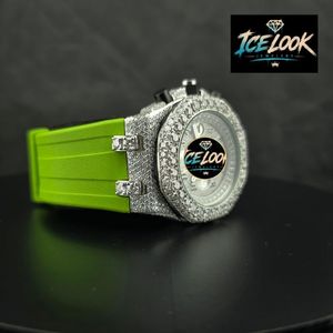 Montre à quartz de luxe verte en acier inoxydable, cadran pavé, chiffres romains, bracelet en caoutchouc, chronographe, bijoux de mode - Product Image 3