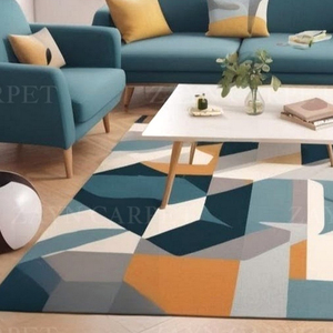 Hand <b>Tufted</b> Blue Mustard Geometric Wool <b>Rug</b>, Modern Abstract Area Carpet for Living Room Bedroom Home Decor Wholesale Supplier - Product Image 2