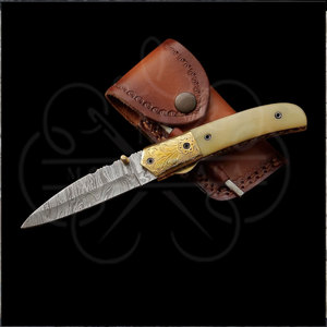 Custom Handmade Damascus Steel Pocket <b>Knife</b> <b>Handle</b> Cow <b>Bone</b> Brass Bolster With Leather Sheath Compact Folding <b>knife</b> - Product Image 4
