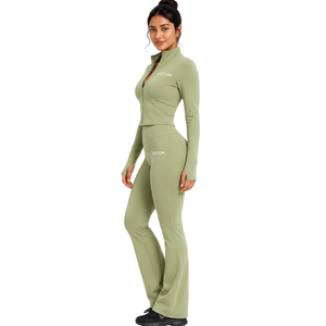 Custom Women Olive <b>Green</b> Yoga <b>Set</b> Fitted Long Sleeve Crop Top High Waist Bell Bottom Leggings Activewear Studio <b>Gym</b> Workout <b>Set</b> - Product Image 1