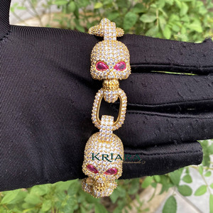 Skull <b>Bracelet</b> 925 Gold Plated Lab Grown Diamond <b>Ruby</b> Eyes Hiphop Unisex Everyday Wear - Product Image 5