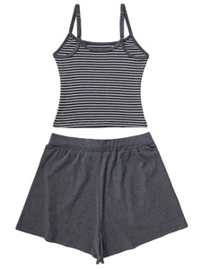 Women's 2pcs Vest and Shorts Set Sleeveless Striped Vest with Casual Shorts Featuring 2 Pockets Home Loungewear Set for Women - Product Image 3