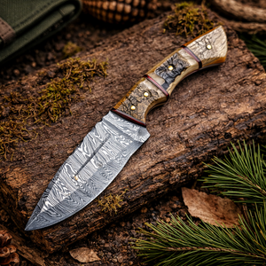 Couteau Skinner Damas fait main 9 pouces, lame fixe en acier Damas, ambidextre, style industriel, manche en corne - Product Image 6