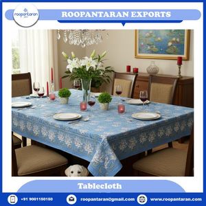 Nuevo mantel de algodón estampado a mano con motivos de loto japonés en color azul Gud, elegante, de 150x220 cm, de la fábrica india Roopantaran. - Product Image 2