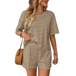 Women's Summer New <b>Knitted</b> Round Neck Short Sleeved Shorts Striped <b>Set</b> Fashionable Casual Short Sleeved Shorts Sports <b>Set</b> - Product Image 4