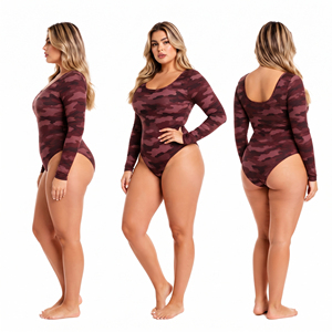 Women's Plus Size <b>Camouflage</b> Bodysuit Scoop Neck Long Sleeve Swim Suit Summer Beachwear One Piece Breathable Bathing Suit Ladies - Product Image 6