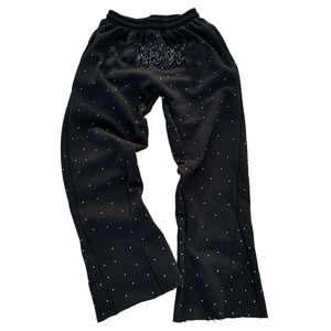 Wholesale Custom <b>Men</b>’s Cotton Terry Flared Sweatpants Stone Washed Rhinestone Patch Embroidery Trendy Streetwear Baggy <b>Trousers</b> - Product Image 3