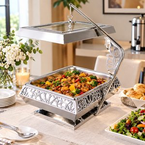 Modern Rectangular Stainless Steel Chafing <b>Dish</b> with <b>Glass</b> View Window Lid and Angled Overhead Arch Stand Food Warmer - Product Image 2