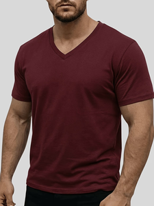 Men's V-Neck Short Sleeve Solid Knitted Casual Breathable T-Shirt Regular Fit Maroon Enzyme Wash Knitted Jersey Fabric 180g - Product Image 2