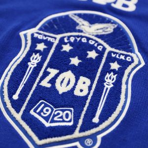 ZΦB Zeta Phi Beta Chenille & Embroidery V-Neck Sweaters Full Sleeve Knitted Pullover Blue White Logo Front - Product Image 5